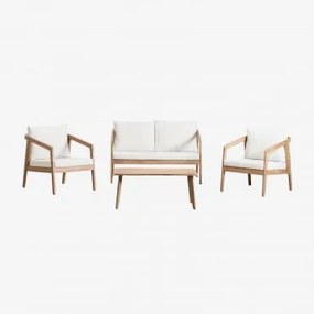 Kaela Tuinset Met Bank, 2 Fauteuils En Salontafel In Acaciahout Lichte Acaciekleur & 2 Zits & Stof Gardenia Wit - Sklum