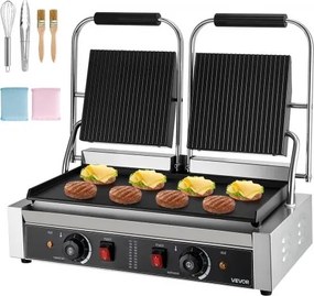 VEVOR Commerciële Panini Grill Contactgrill 3600W voor Sandwiches Steak Bacon Hamburger, Sandwich Maker Press Grill Gemaakt van roestvrij staal met handvat &amp; temperatuurregeling &amp; 48 x 23 cm verwarmingsplaat, Panini Press