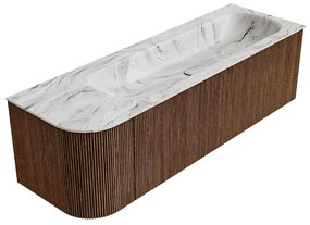 Mondiaz Kurve-dlux 145cm badmeubel ronding links walnut met 1 lade en deur en wastafel big large kraangat rechts glace