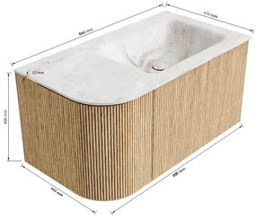 Mondiaz Kurve-dlux 85cm badmeubel ronding links oak met 1 lade en deur en wastafel cloud rechts zonder kraangat lava