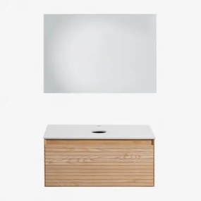 Tedrik Zwevend Badkamermeubelset 80x50 Cm In Essenhout Ash Brown & Without Sink & Rechthoekige Led En Anticondens 100x70 Cm Riben & Zonder Kraan -