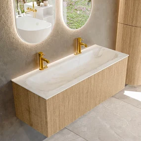 Mondiaz Kurve-dlux 120cm badmeubel oak met 1 lade en wastafel big large midden 2 kraangaten ostra