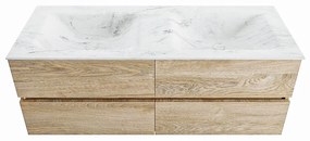 Mondiaz Vica DLux badmeubel 130cm washed oak 4 lades met wastafel opalo dubbel 2 kraangaten