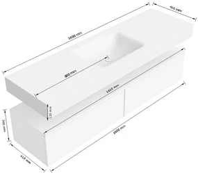 Zaro Alan badmeubel 160cm talc 2 lades met vrijhangende wastafel cloud midden zonder kraangat urban