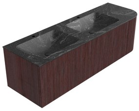 Mondiaz Kurve-dlux 145cm badmeubel ronding rechts ruby met 1 lade en deur en wastafel leaf dubbel/links 2 kraangaten lava