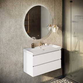 Fontana Kolo wastafelmeubel mat wit 100cm mat witte wastafel 1 kraangat met ronde spiegel