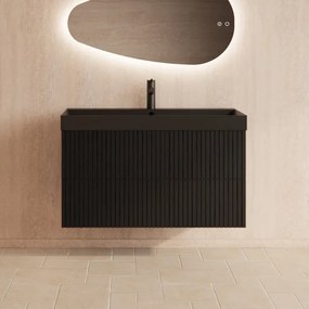 Gliss Design Hybris badmeubel met ribbelfront 100cm black veneer met zwarte wastafel met 1 kraangat Lako