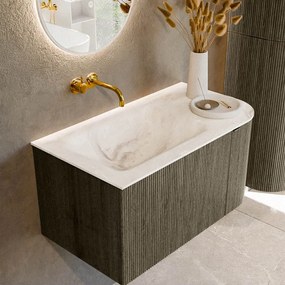 Mondiaz Kurve-dlux 85cm badmeubel ronding rechts shadow met 1 lade en deur en wastafel cloud links zonder kraangat frappe
