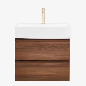 Badkamermeubelset Van Hout En Essenhoutfineer Met Geïntegreerde Wastafel Ona Donker Hout & Spiegelloze & Goud ↑20 Cm Met - Sklum