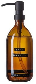 Wellmark Handzeep bruin glas zwarte pomp 500ml tekst SHIT HAPPENS..JUST WASH Zwart label 8720165018932