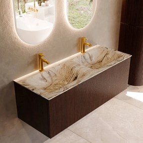Mondiaz Kurve-dlux 120cm badmeubel ruby met 1 lade en wastafel leaf dubbel 2 kraangaten glace