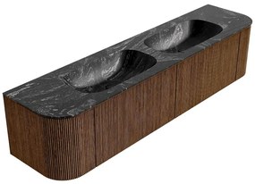 Mondiaz Kurve-dlux 190cm badmeubel ronding links/rechts walnut met 2 lades en deuren en wastafel stor small dubbel zonder kraangat lava
