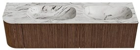 Mondiaz Kurve-dlux 165cm badmeubel ronding links walnut met 2 lades en 1 deur en wastafel stor small dubbel/rechts zonder kraangat glace