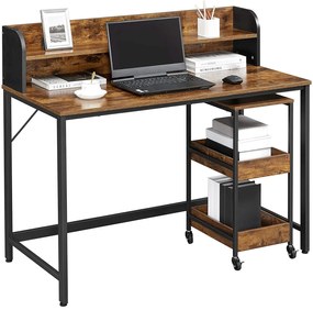 Nancy's Hibbing Kantoorset - Bureau - Rolwagen Met 3 Lagen - Monitorstandaard - Kabelmanagement - Staal - Bruin - Zwart - Industrieel