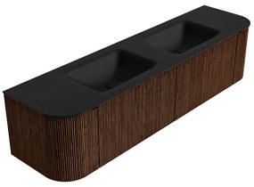 Mondiaz Kurve 180cm badmeubel ronding links/rechts walnut met 2 lades en deuren en wastafel cloud dubbel 2 kraangaten urban