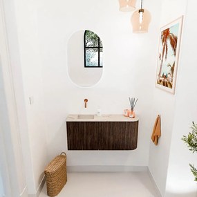 Mondiaz Joya DLux 90cm toiletmeubel ronding rechts walnut met wastafel faye links zonder kraangat frappe