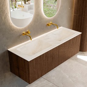 Mondiaz Kurve-dlux 130cm badmeubel walnut met 2 lades en wastafel leaf dubbel zonder kraangat ostra