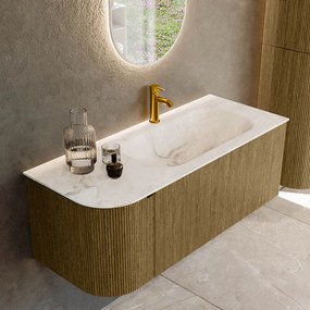 Mondiaz Kurve-dlux 115cm badmeubel ronding links dusk met 1 lade en deur en wastafel big small kraangat rechts frappe