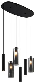 Moderne hanglamp zwart met smoke glas 6-lichts - Duplantis