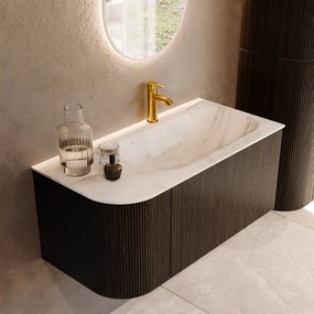 Mondiaz Kurve-dlux 95cm badmeubel ronding links shadow met 1 lade en deur en wastafel big small kraangat rechts opalo
