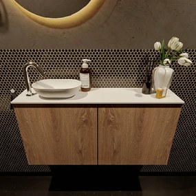 Mondiaz Fowy toiletmeubel 100cm washed oak met witte waskom links en kraangat