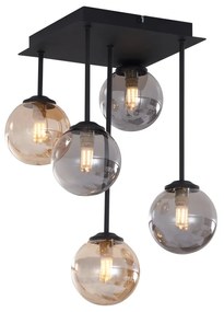 Moderne plafondlamp zwart met amber en smoke glas 5-lichts - Athens