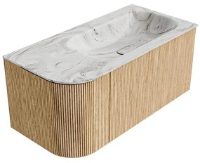 Mondiaz Kurve-dlux 95cm badmeubel ronding links oak met 1 lade en deur en wastafel big small rechts zonder kraangat glace