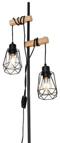 Landelijke vloerlamp zwart met hout 2-lichts met kap - Dami Frame