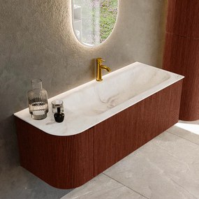 Mondiaz Kurve-dlux 125cm badmeubel ronding links ruby met 1 lade en deur en wastafel big medium kraangat rechts frappe
