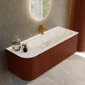 Mondiaz Kurve-dlux 125cm badmeubel ronding links ruby met 1 lade en deur en wastafel big medium kraangat rechts frappe