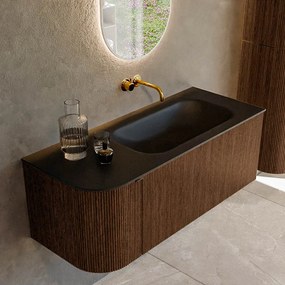 Mondiaz Kurve 115cm badmeubel ronding links walnut met 1 lade en deur en wastafel big small rechts zonder kraangat urban