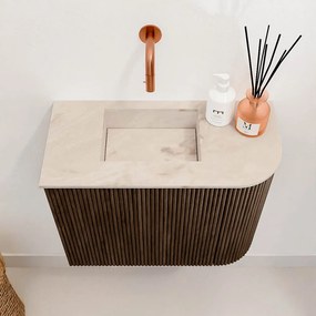 Mondiaz Joya DLux 50cm toiletmeubel ronding rechts walnut met wastafel faye links zonder kraangat frappe