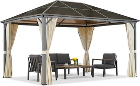 Milos tuinhuisje 3x4m met crèmekleurige gordijnen Tuinpunt