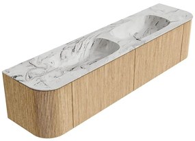 Mondiaz Kurve-dlux 190cm badmeubel ronding links/rechts oak met 2 lades en deuren en wastafel stor small dubbel zonder kraangat glace