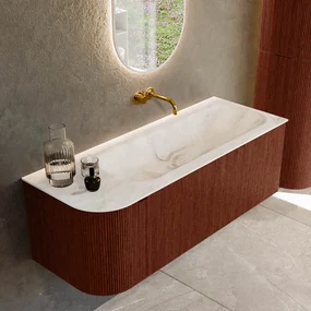 Mondiaz Kurve-dlux 125cm badmeubel ronding links ruby met 1 lade en deur en wastafel big medium rechts zonder kraangat frappe