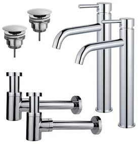 Fortifura Calvi Wastafelkraanset - voor dubbele wastafel - verhoogde wastafelkraan - always open plug - verlaagde design sifon - Chroom 2x SW377811/2x SW696209/2x SW696219