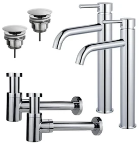 Fortifura Calvi Wastafelkraanset - voor dubbele wastafel - verhoogde wastafelkraan - always open plug - verlaagde design sifon - Chroom 2x SW377811/2x SW696209/2x SW696219