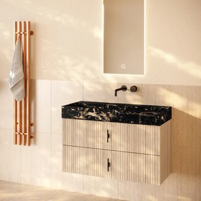 Muebles Murcia badmeubel ribbelfront 100cm naturel eiken met Portoro Gold wastafel zonder kraangat