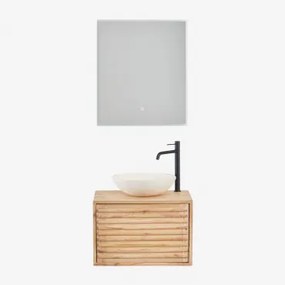 Deleyna Wandgemonteerde Houten Badkamermeubelset Natuurlijk Hout & Rond Cement Wit Ø40 Cm Zavion & Rechthoekige Led En Anticondens 60x70 Cm Tamsin -