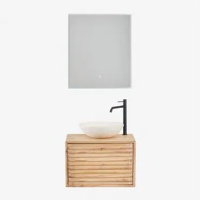 Hangend Badkamermeubelset 60x45 Cm In Hout Deleyna Natuurlijk Hout & Rond Cement Wit Ø40 Cm Zavion & Rechthoekige Led En Anticondens 60x70 Cm Riben -