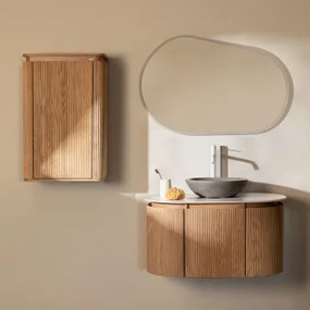 Carsone Hangend Badkamermeubelset Van Hout Natuurlijk Hout & Natuurlijk Hout & Rond Grijs Cement Ø40 Cm Tarsis & Ovaal Led En Anticondens 100x80 -