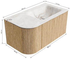 Mondiaz Kurve-dlux 85cm badmeubel ronding links oak met 1 lade en deur en wastafel cloud rechts zonder kraangat lava