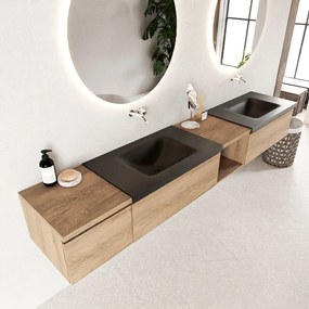 Mondiaz Bukla 240cm badmeubel met open module 40 rechts Washed Oak met 3 lades wastafel Cloud dubbel 0 kraangaten Urban