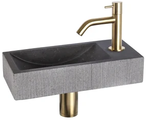 Differnz Ribble fonteinset - 38x18x8cm - Rechthoek - 1 kraangat - gebogen goud matte kraan - natuursteen zwart 38.402.26