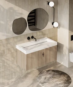 Muebles Calas badmeubel ribbelfront 100cm naturel eiken met solid surface wastafel zonder kraangat