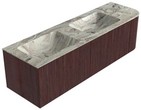 Mondiaz Kurve-dlux 155cm badmeubel ronding rechts ruby met 2 lades en 1 deur en wastafel leaf dubbel/links zonder kraangat glace