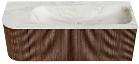 Mondiaz Kurve-dlux 125cm badmeubel ronding links walnut met 1 lade en deur en wastafel big medium kraangat rechts ostra
