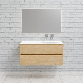 Zaro Sevilla Solid Surface badmeubel 100cm licht eiken zonder kraangat spoelbak rechts met 2 lades