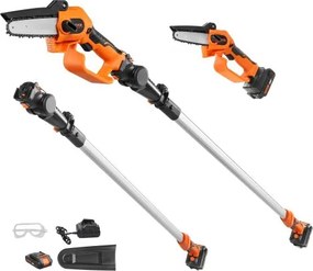 VEVOR Mini-kettingzaag met accu 20V 2Ah borstelloze motor 2-in-1 snoerloze stoksnoeizaag 22.000 tpm kettingzaag elektrisch, telescopische heggenschaar snoeizaag met telescopische handgreep Verlenglengte tot 2,43 m