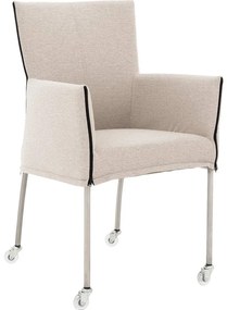 Goossens Eetkamerstoel Funk RVS Poten beige stof met armleuning en met wielenTransparant skater wiel met rvs kap, modern design